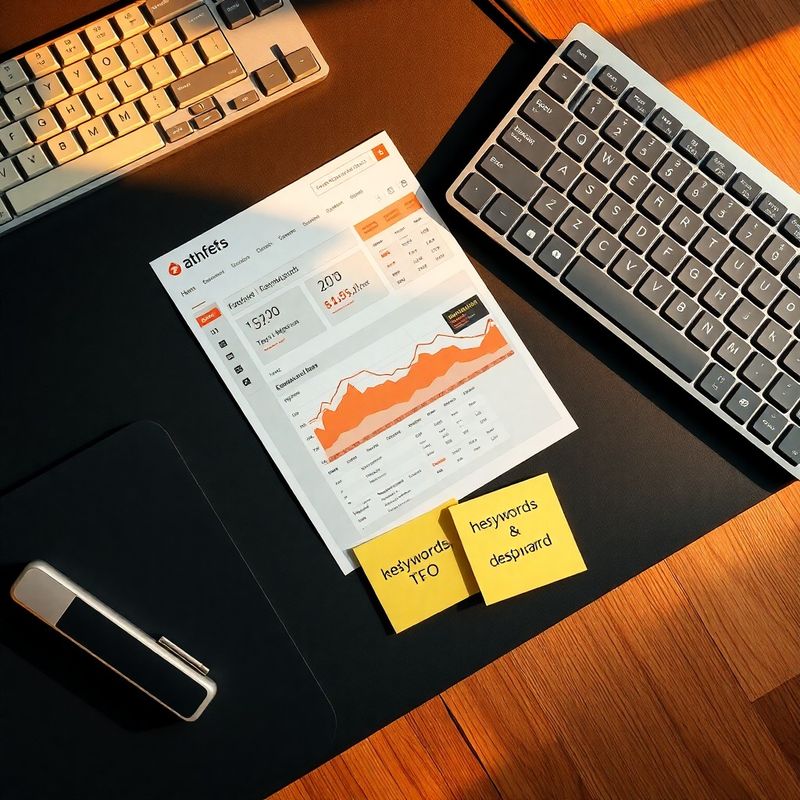 Instrumente SEO — dashboard Ahrefs și notițe cu cuvinte-cheie pe birou indigo